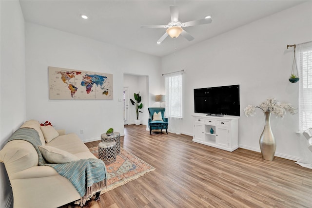 1413 Horizon Way, Northlake, TX 76247 - living room featuring light wood-style flooring, ceiling fan, healthy amount of natural light, and recessed lighting