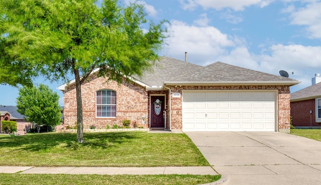 2836 Dawn Spring Dr, Little Elm, TX 75068 - view of front facade featuring concrete driveway, an attached garage, a front lawn, a shingled roof, and brick siding