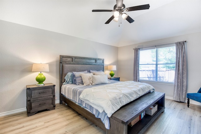 2836 Dawn Spring Dr, Little Elm, TX 75068 - bedroom with light wood-style flooring, baseboards, lofted ceiling, and ceiling fan