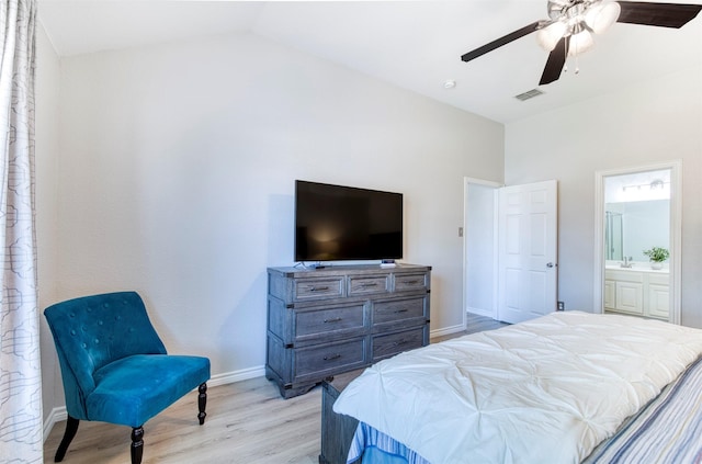 2836 Dawn Spring Dr, Little Elm, TX 75068 - bedroom featuring light wood-style flooring, baseboards, lofted ceiling, ensuite bathroom, and a ceiling fan