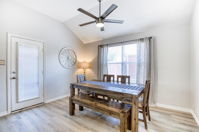 2836 Dawn Spring Dr, Little Elm, TX 75068 - dining space with lofted ceiling, light wood-type flooring, ceiling fan, and baseboards