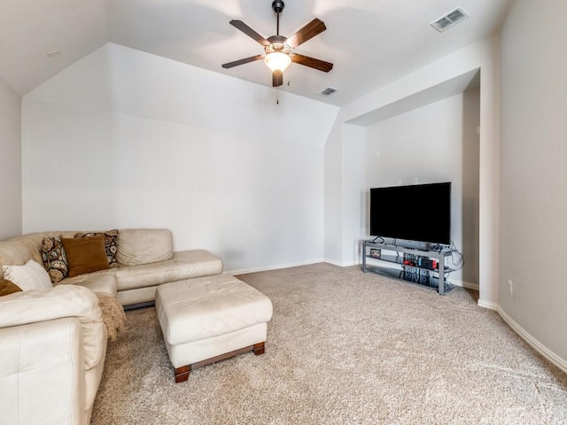 114 Crestbrook Dr, Rockwall, TX 75087 - carpeted living area with lofted ceiling, ceiling fan, and baseboards