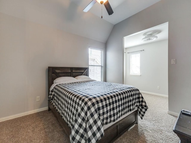 114 Crestbrook Dr, Rockwall, TX 75087 - carpeted bedroom with baseboards, vaulted ceiling, and ceiling fan