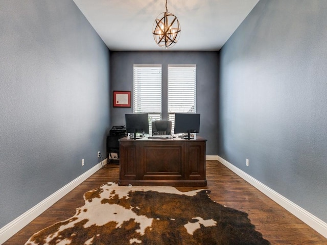 114 Crestbrook Dr, Rockwall, TX 75087 - home office featuring a chandelier, dark wood-type flooring, and baseboards