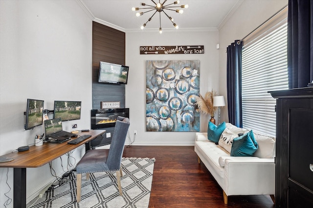 10601 Los Rios Dr, Fort Worth, TX 76179 - office area featuring wood finished floors, a chandelier, crown molding, and a large fireplace