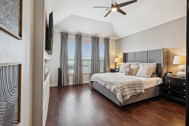 10601 Los Rios Dr, Fort Worth, TX 76179 - bedroom with dark wood-type flooring, lofted ceiling, ceiling fan, and baseboards