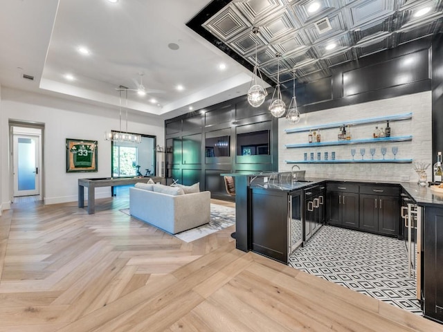 620 Redwood Creek Dr, Fairview, TX 75069 - kitchen featuring a raised ceiling, open floor plan, baseboards, open shelves, and a ceiling fan