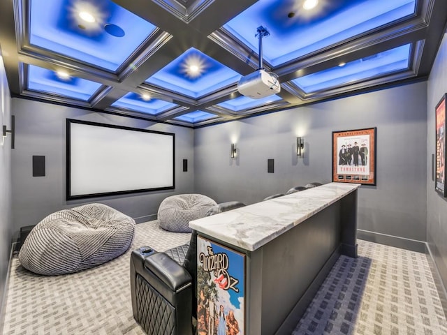 620 Redwood Creek Dr, Fairview, TX 75069 - home theater room featuring coffered ceiling, beam ceiling, and baseboards