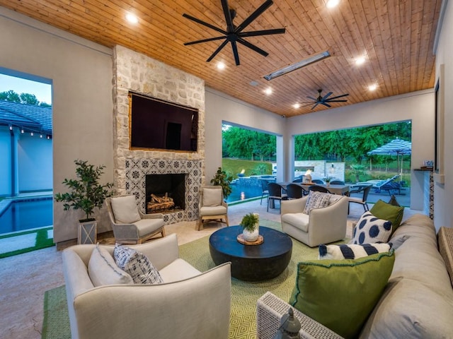 620 Redwood Creek Dr, Fairview, TX 75069 - living room with ceiling fan, wood ceiling, a fireplace, recessed lighting, and carpet floors
