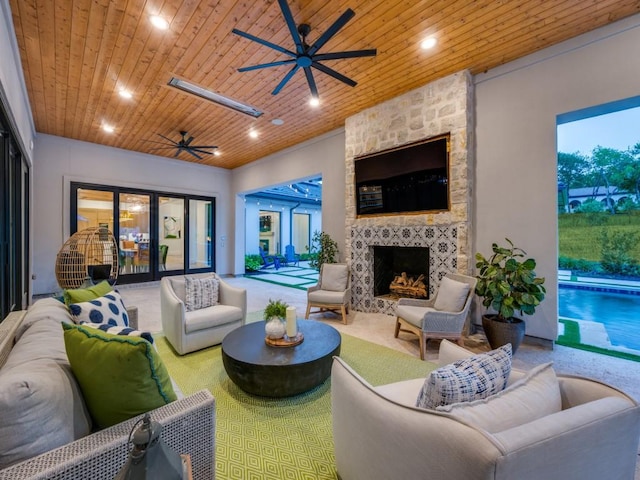 620 Redwood Creek Dr, Fairview, TX 75069 - living room featuring a ceiling fan, wooden ceiling, an outdoor stone fireplace, carpet, and recessed lighting