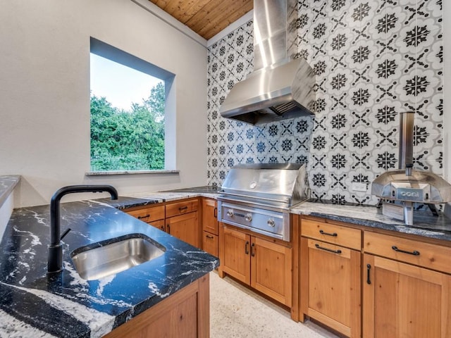 620 Redwood Creek Dr, Fairview, TX 75069 - kitchen with wall chimney exhaust hood, a sink, tasteful backsplash, dark stone counters, and wooden ceiling
