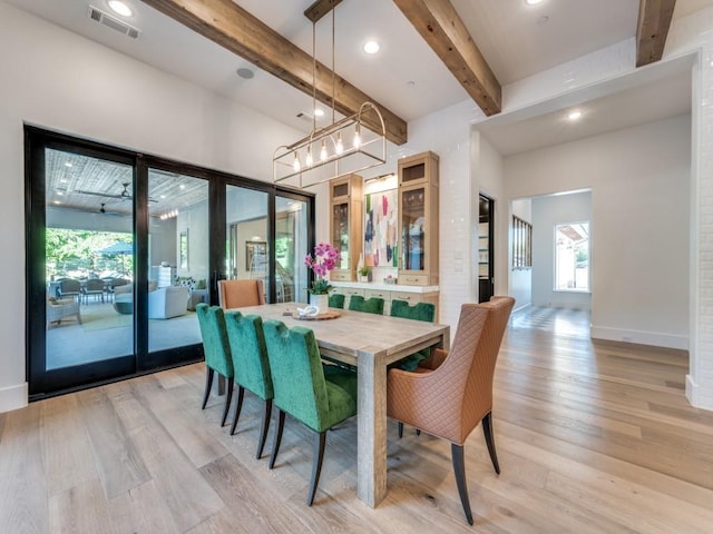 620 Redwood Creek Dr, Fairview, TX 75069 - dining space featuring beamed ceiling, healthy amount of natural light, light wood finished floors, a chandelier, and recessed lighting