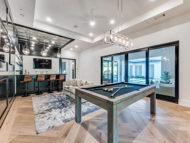 620 Redwood Creek Dr, Fairview, TX 75069 - recreation room featuring a tray ceiling, ceiling fan, pool table, recessed lighting, and bar with sink