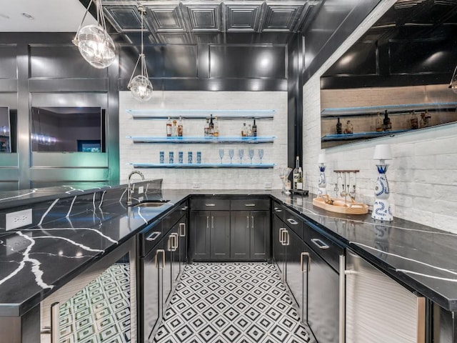 620 Redwood Creek Dr, Fairview, TX 75069 - kitchen with a sink, dark stone counters, an ornate ceiling, dark cabinetry, and wine cooler