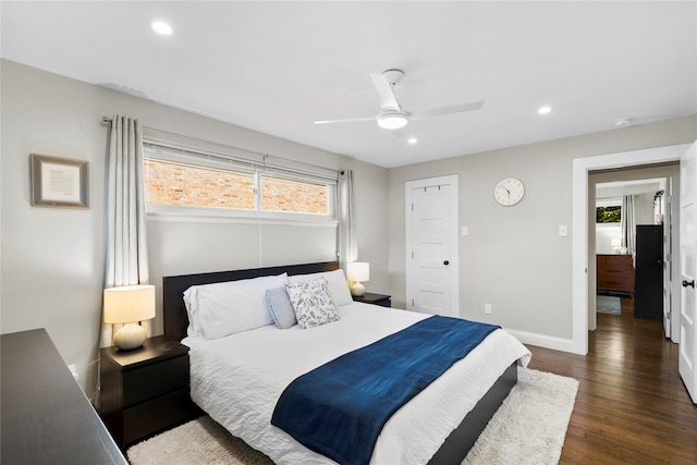 9031 Fringewood Dr, Dallas, TX 75228 - bedroom featuring dark wood-style floors, recessed lighting, baseboards, and ceiling fan