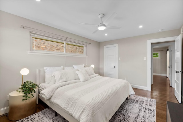 9031 Fringewood Dr, Dallas, TX 75228 - bedroom featuring dark wood-style flooring, recessed lighting, and ceiling fan