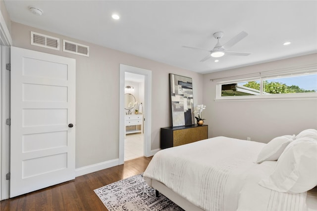 9031 Fringewood Dr, Dallas, TX 75228 - bedroom featuring wood finished floors, recessed lighting, connected bathroom, and ceiling fan