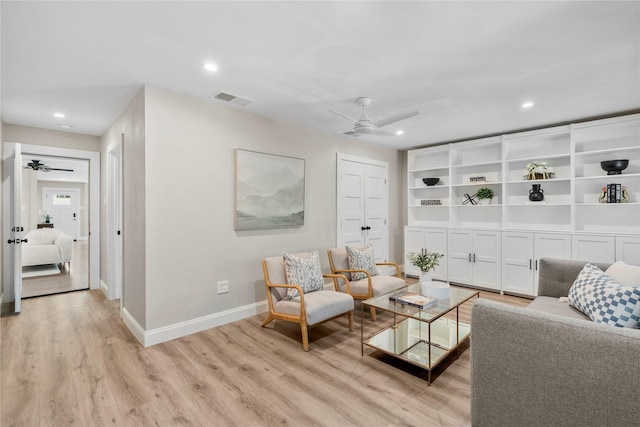 9031 Fringewood Dr, Dallas, TX 75228 - living room featuring a ceiling fan, light wood-style flooring, and recessed lighting