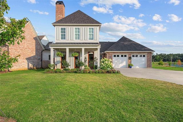 view of front of home featuring driveway, a chimney, a garage, brick siding, and a shingled roof
