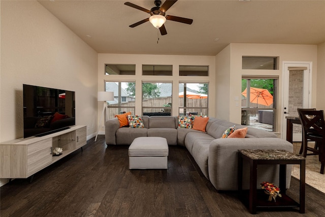 604 Carnaby Ct, Roanoke, TX 76262 - living area featuring a ceiling fan, dark wood finished floors, and baseboards