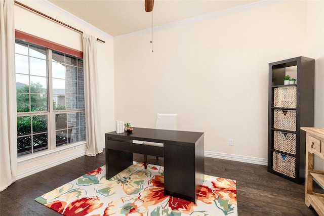 604 Carnaby Ct, Roanoke, TX 76262 - home office with crown molding, dark wood finished floors, baseboards, and a ceiling fan