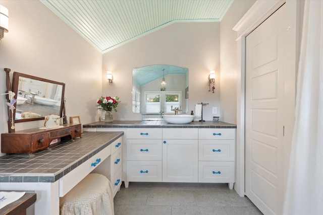 404 E Wall St, Grapevine, TX 76051 - bathroom featuring lofted ceiling, ornamental molding, vanity, and wooden ceiling