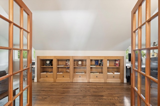 404 E Wall St, Grapevine, TX 76051 - office area featuring french doors, vaulted ceiling, and dark wood-type flooring