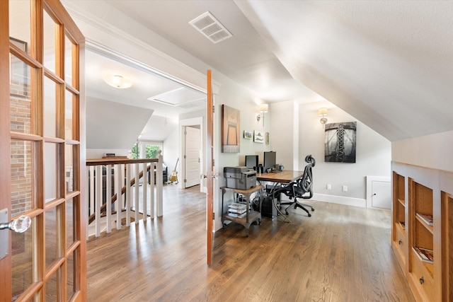 404 E Wall St, Grapevine, TX 76051 - office area with vaulted ceiling, wood finished floors, and baseboards