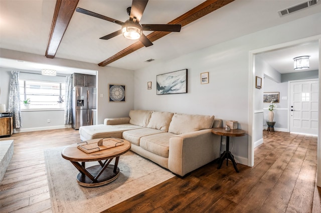 309 Westpark Dr N, Mckinney, TX 75071 - living area with hardwood / wood-style floors, ceiling fan, baseboards, and beam ceiling