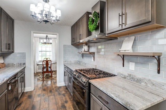 309 Westpark Dr N, Mckinney, TX 75071 - kitchen with appliances with stainless steel finishes, a chandelier, open shelves, wall chimney range hood, and dark wood-type flooring