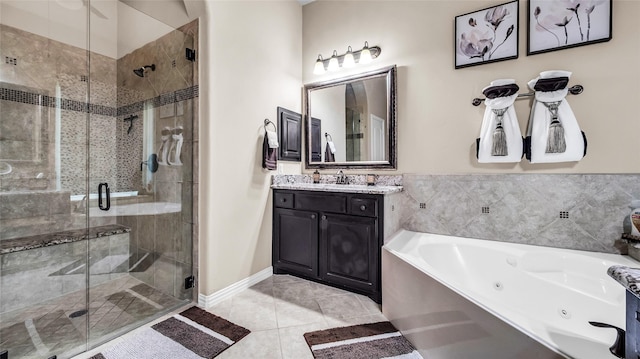 4209 Autumn Path Rd, Denton, TX 76208 - full bathroom with a whirlpool tub, vanity, a shower stall, and tile patterned flooring