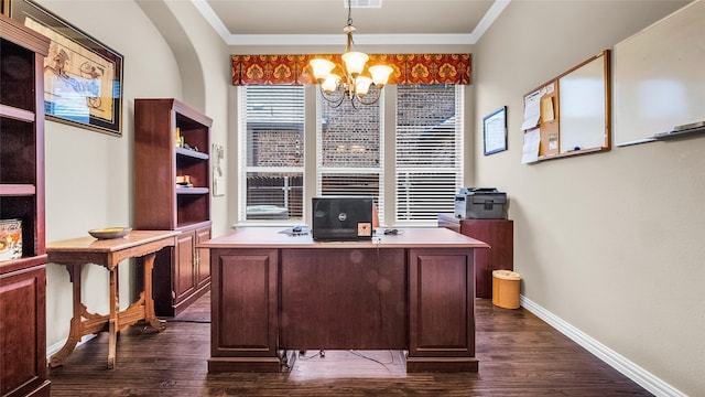 4209 Autumn Path Rd, Denton, TX 76208 - home office featuring a chandelier, dark wood-type flooring, and crown molding