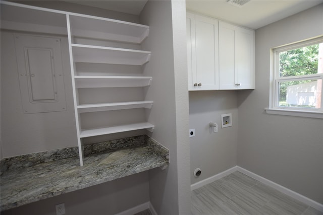7921 Oak Pkwy, Burleson, TX 76028 - laundry room featuring electric dryer hookup, washer hookup, cabinet space, electric panel, and baseboards