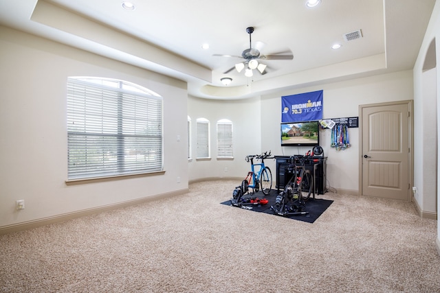 7503 Taylor Ln, Sachse, TX 75048 - game room with a tray ceiling, carpet flooring, ceiling fan, and recessed lighting