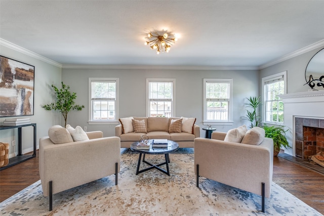 6802 Hammond Ave, Dallas, TX 75223 - living area with a tiled fireplace, wood finished floors, ornamental molding, and baseboards