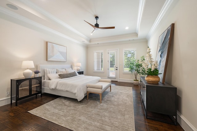 2012 Honey Ln, Celina, TX 75009 - bedroom featuring a tray ceiling, ornamental molding, access to outside, dark wood-type flooring, and recessed lighting