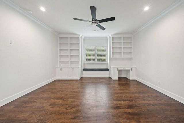 2012 Honey Ln, Celina, TX 75009 - unfurnished living room featuring a ceiling fan, ornamental molding, baseboards, built in shelves, and dark wood-style flooring