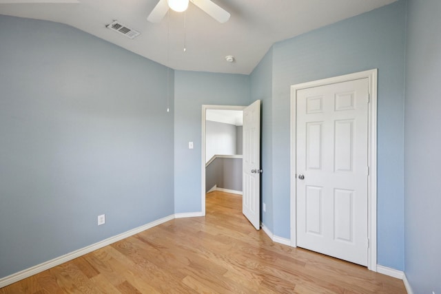 8808 Eastwood Ave, Cross Roads, TX 76227 - unfurnished bedroom with light wood-type flooring, vaulted ceiling, baseboards, and ceiling fan