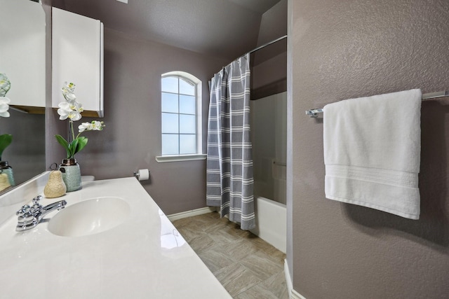 8808 Eastwood Ave, Cross Roads, TX 76227 - bathroom with baseboards, shower / bath combo, and vanity