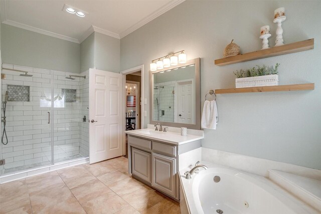 725 Bluebird St, Fort Worth, TX 76140 - full bathroom with a stall shower, crown molding, a tub with jets, and vanity