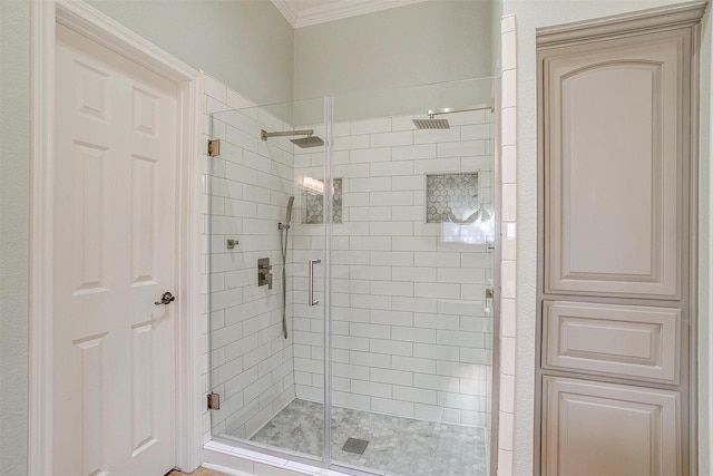 725 Bluebird St, Fort Worth, TX 76140 - bathroom with ornamental molding and a shower stall