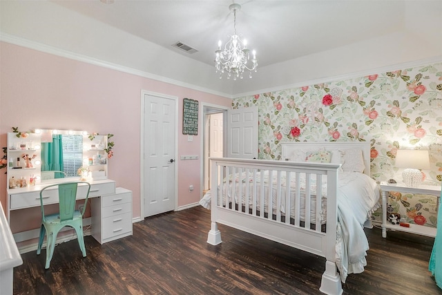 725 Bluebird St, Fort Worth, TX 76140 - bedroom with a chandelier, wood finished floors, baseboards, and ornamental molding