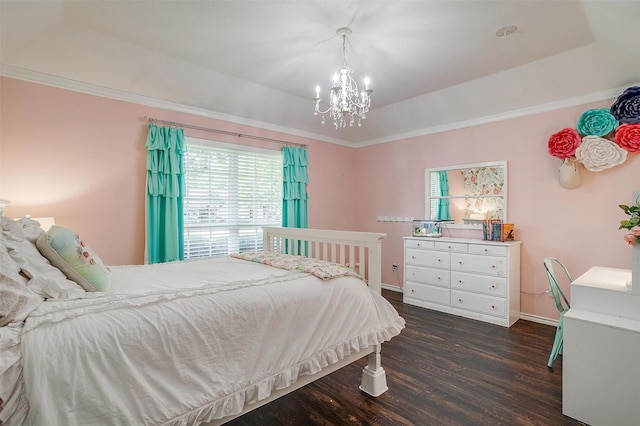725 Bluebird St, Fort Worth, TX 76140 - bedroom with a chandelier, baseboards, dark wood finished floors, a tray ceiling, and crown molding