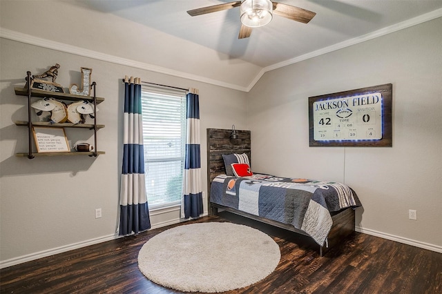 725 Bluebird St, Fort Worth, TX 76140 - bedroom with ornamental molding, lofted ceiling, wood finished floors, baseboards, and ceiling fan