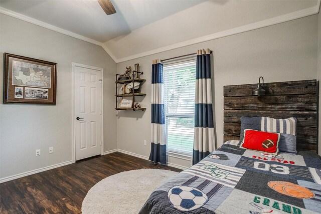 725 Bluebird St, Fort Worth, TX 76140 - bedroom with crown molding, wood finished floors, lofted ceiling, baseboards, and ceiling fan
