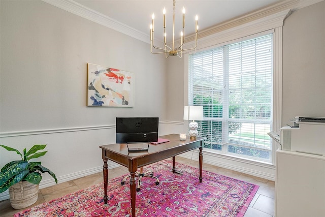 725 Bluebird St, Fort Worth, TX 76140 - tiled office space featuring a chandelier, ornamental molding, and baseboards