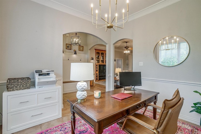 725 Bluebird St, Fort Worth, TX 76140 - office space with arched walkways, crown molding, a chandelier, a ceiling fan, and light wood finished floors