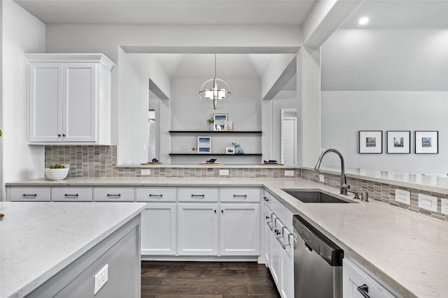 1128 Lake Hills Trl, Roanoke, TX 76262 - kitchen with a sink, stainless steel dishwasher, light stone counters, dark wood-style flooring, and recessed lighting