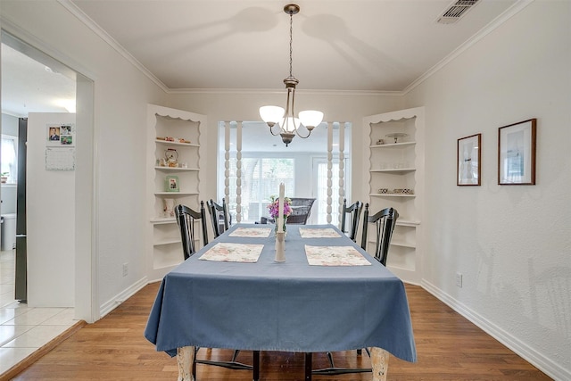 4016 El Campo Ave, Fort Worth, TX 76107 - dining area featuring a chandelier, ornamental molding, light wood-type flooring, and built in features