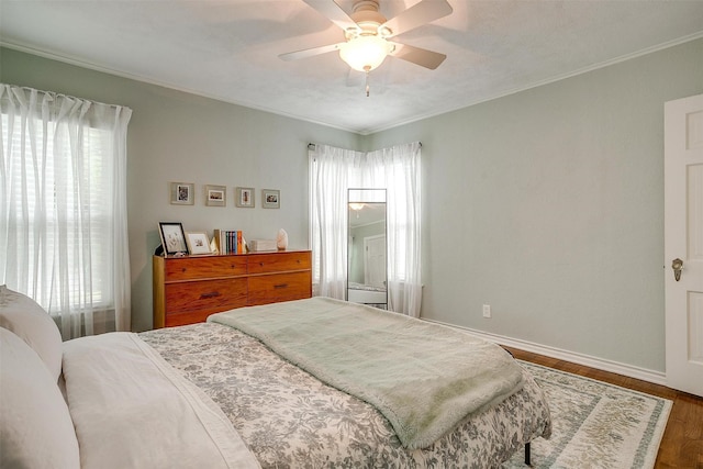 4016 El Campo Ave, Fort Worth, TX 76107 - bedroom with baseboards, ornamental molding, a ceiling fan, and wood finished floors